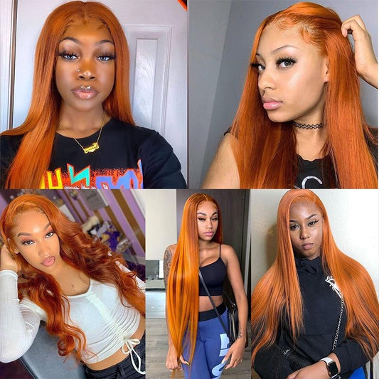 Ginger Orange Colored Straight Hair T Part & 13x4 Lace Frontal - Whisy Shopping