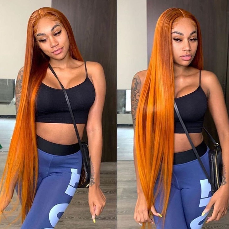 Ginger Orange Colored Straight Hair T Part & 13x4 Lace Frontal - Whisy Shopping