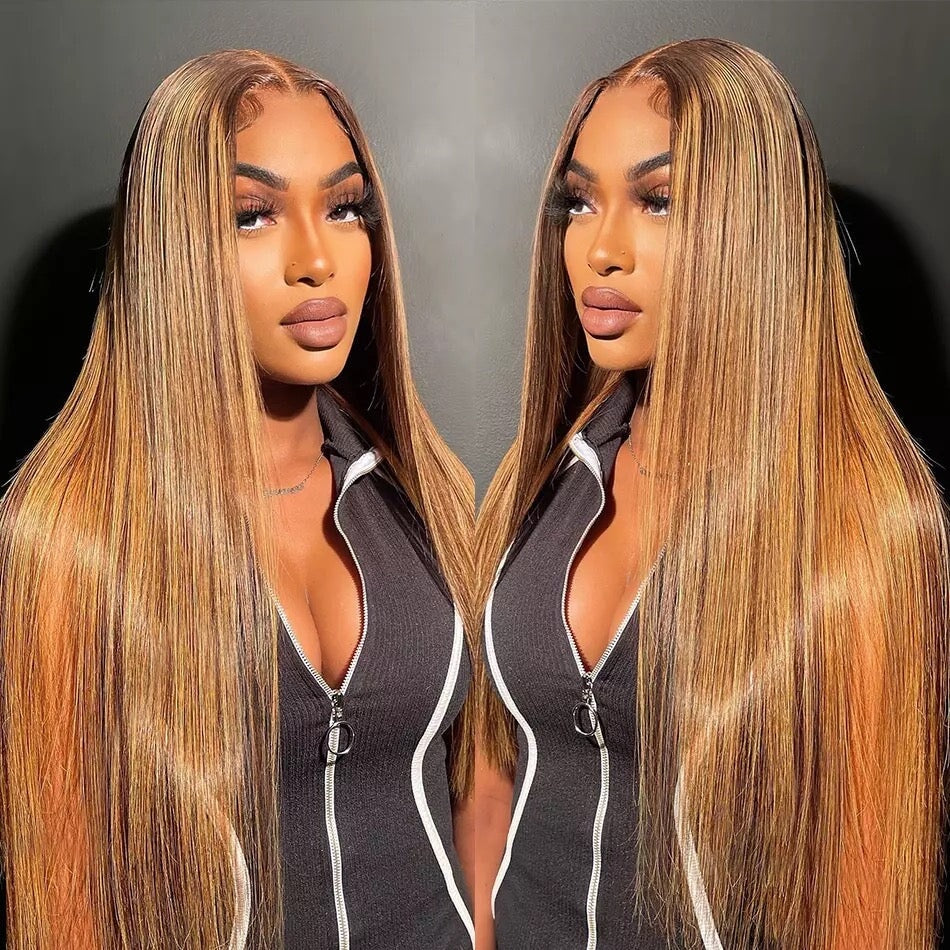 Brown Highlight Human Hair Straight Wigs 13X4 Lace Frontal - Whisy Shopping